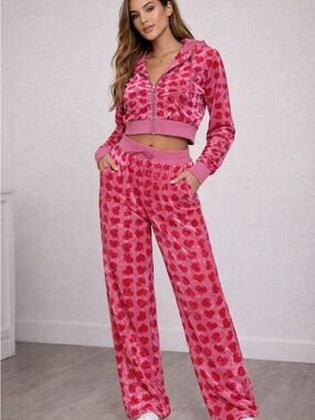 Pink Heart-Print Velour Zip Hoodie & Lounge Pants Set